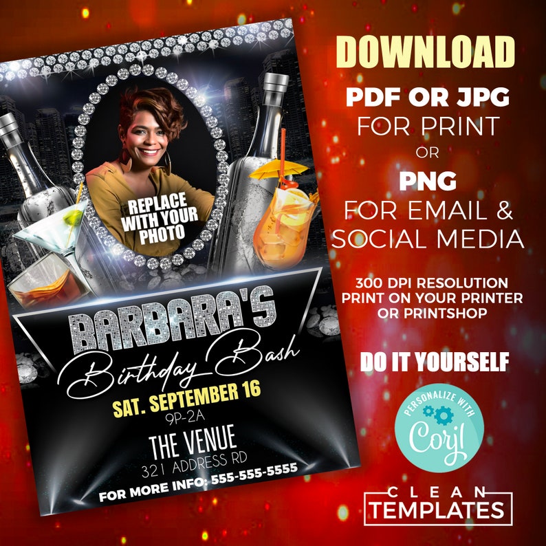 May include: A black and gold birthday party invitation with a photo frame, text that says "Barbara's Birthday Bash", and the date "Sat. September 16".