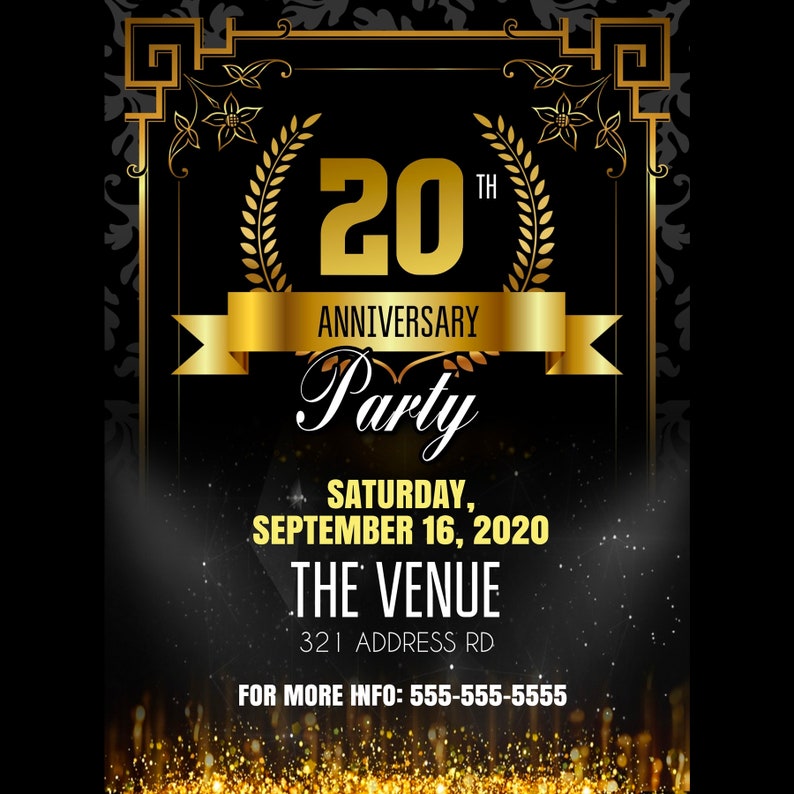 Op de afbeelding: Een zwarte en gouden uitnodiging voor een 20e jubileumfeest. De uitnodiging heeft een gouden krans, een gouden lint en de tekst "20th Anniversary Party". De datum van het feest is 16 september 2020 en de locatie is "THE VENUE, 321 ADDRESS RD". De uitnodiging bevat ook een telefoonnummer voor meer informatie: 555-555-5555.