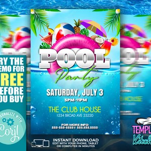 K&ouml;nnte beinhalten: Eine farbenfrohe Poolparty-Einladungsvorlage mit einem Pool-Schwimmring, Getr&auml;nken und Palmen. Der Text lautet "Pool Party" mit Datum und Uhrzeit "Samstag, 3. Juli, 17:00-23:00 Uhr". Der Ort ist "The Club House, 1234 Broad Ave 23220". Der Text "Probieren Sie die Demo kostenlos aus, bevor Sie kaufen" befindet sich in der oberen linken Ecke. Der Text "Personalisieren mit Corjl" befindet sich in der unteren linken Ecke. Der Text "Template Kitchen" befindet sich in der unteren rechten Ecke.