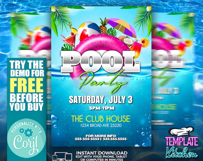 Pool Party | Edit Online | 5X7 Digital & Printable | Do It Yourself | Corjl Template
