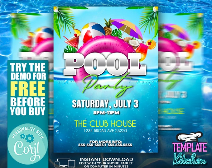 Pool Party | Edit Online | 5X7 Digital & Printable | Do It Yourself | Corjl Template