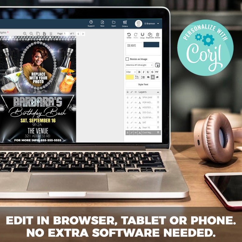 May include: A laptop computer displaying a customisable birthday party invitation template on the screen. The invitation features a black and gold design with a photo placeholder and the text "Barbara's Birthday Bash". The text "Personalize with Coril" is displayed in a blue circle with a gear icon.