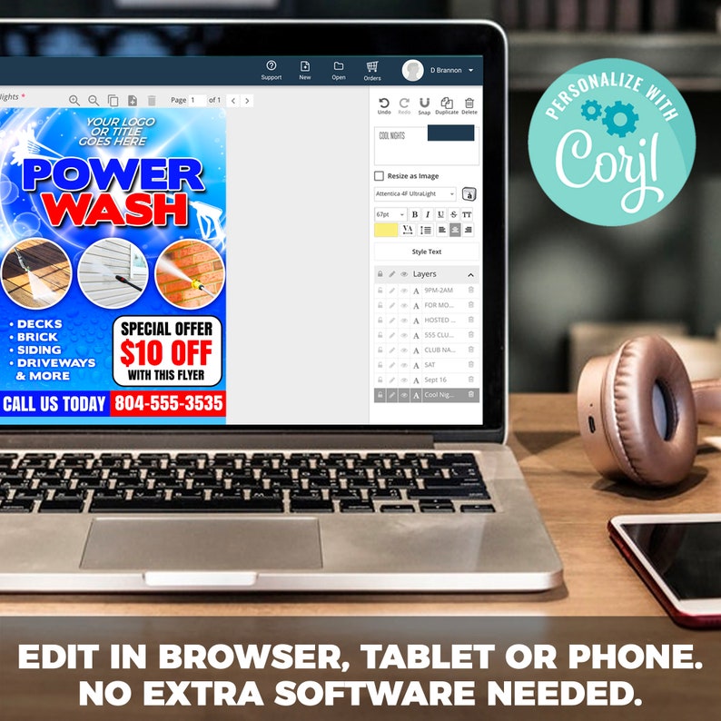 May include: A laptop displays a power wash flyer with the text "POWER WASH" and a special offer. The flyer includes images of decks, brick, siding, and driveways. The text "EDIT IN BROWSER, TABLET OR PHONE. NO EXTRA SOFTWARE NEEDED" is at the bottom.