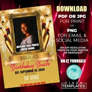 May include: Gold and yellow birthday party invitation with a photo frame, champagne bottles, and the text "Marla's Birthday Bash" with the date and time of the party. The invitation also includes the venue address and contact information.