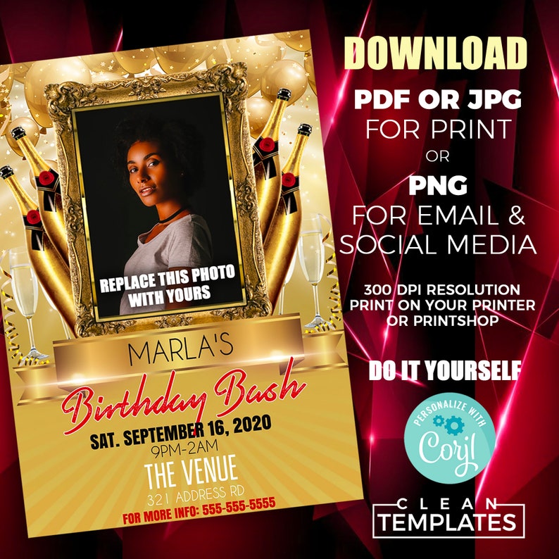 May include: Gold and yellow birthday party invitation with a photo frame, champagne bottles, and the text "Marla's Birthday Bash" with the date and time of the party. The invitation also includes the venue address and contact information.