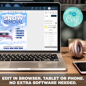 Puede incluir: Un ordenador port&aacute;til que muestra un sitio web para servicios de eliminaci&oacute;n de nieve. El sitio web tiene un dise&ntilde;o azul y blanco con el texto "SNOW REMOVAL" en letras blancas grandes. El sitio web tambi&eacute;n incluye una lista de servicios ofrecidos, como "lotes", "calzadas", "pasarelas", "aceras" y "salado". El sitio web tambi&eacute;n incluye un n&uacute;mero de tel&eacute;fono para el negocio. El port&aacute;til est&aacute; sobre una mesa de madera con unos auriculares y un tel&eacute;fono inteligente.
