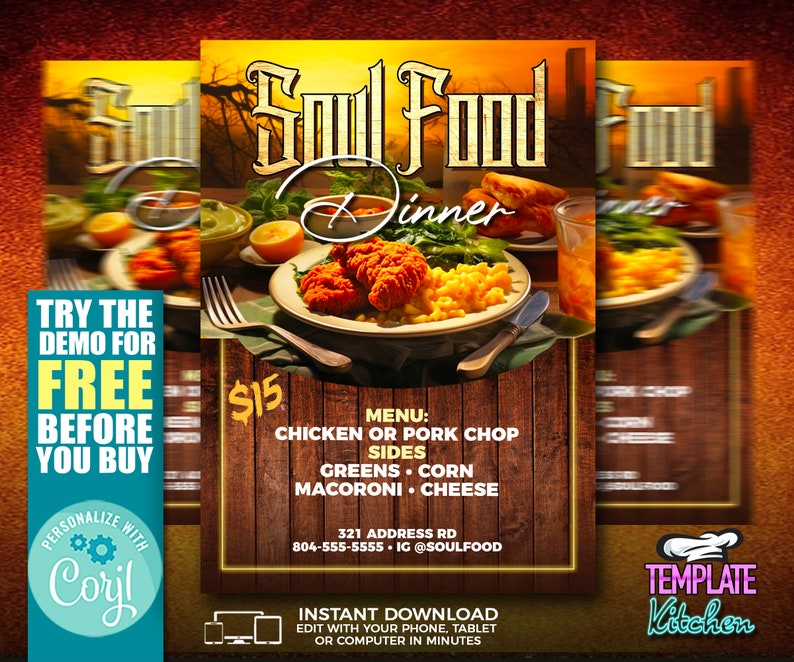 K&ouml;nnte beinhalten: Ein Soul-Food-Dinner-Flyer mit rustikalem Holz-Hintergrund. Der Flyer zeigt einen Teller mit Brath&auml;hnchen, Mais und Makkaroni mit K&auml;se. Der Text auf dem Flyer lautet "Soul Food Dinner" und "15 &euro;". Der Flyer enth&auml;lt auch eine Speisekarte mit den Optionen H&auml;hnchen oder Schweinefleisch, Gem&uuml;se, Mais, Makkaroni und K&auml;se. Der Flyer enth&auml;lt auch die Adresse und Telefonnummer des Restaurants.