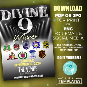Pode incluir: Um folheto promocional para um evento Divine 9 Mixer, com um fundo gradiente preto e cinza e holofotes. O folheto apresenta o texto "DIVINE 9 Mixer" em prata, juntamente com v&aacute;rios bras&otilde;es de organiza&ccedil;&otilde;es gregas. Detalhes do evento e op&ccedil;&otilde;es de download tamb&eacute;m est&atilde;o inclu&iacute;dos.