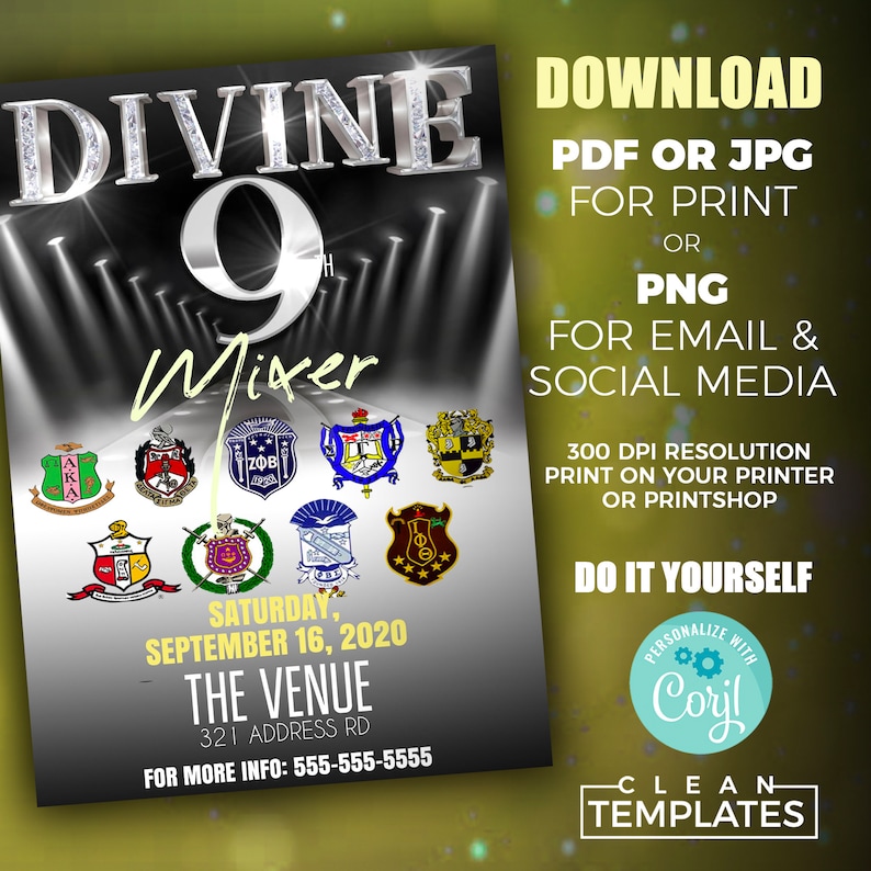 Pode incluir: Um folheto promocional para um evento Divine 9 Mixer, com um fundo gradiente preto e cinza e holofotes. O folheto apresenta o texto "DIVINE 9 Mixer" em prata, juntamente com v&aacute;rios bras&otilde;es de organiza&ccedil;&otilde;es gregas. Detalhes do evento e op&ccedil;&otilde;es de download tamb&eacute;m est&atilde;o inclu&iacute;dos.