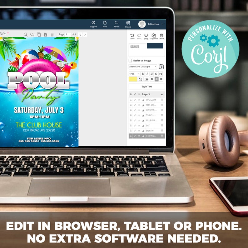 K&ouml;nnte beinhalten: Ein Laptop-Computer zeigt eine farbenfrohe Poolparty-Einladung mit dem Text "POOL Party" und "SATURDAY, JULY 3" auf blauem Hintergrund mit tropischem Thema. Die Einladung enth&auml;lt auch den Text "THE CLUB HOUSE" und eine Telefonnummer. Der Laptop steht auf einem Holztisch mit Kopfh&ouml;rern und einem Smartphone.