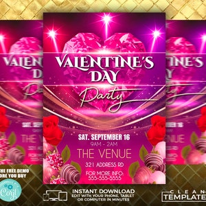 May include: A pink and purple Valentine's Day party invitation with a large diamond heart, red roses, and chocolate-covered strawberries. The text reads "Valentine's Day Party" with the date and time "Sat. September 16, 9am-2am" and the venue "The Venue, 321 Address Rd".