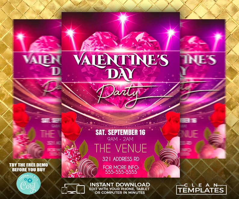May include: A pink and purple Valentine's Day party invitation with a large diamond heart, red roses, and chocolate-covered strawberries. The text reads "Valentine's Day Party" with the date and time "Sat. September 16, 9am-2am" and the venue "The Venue, 321 Address Rd".