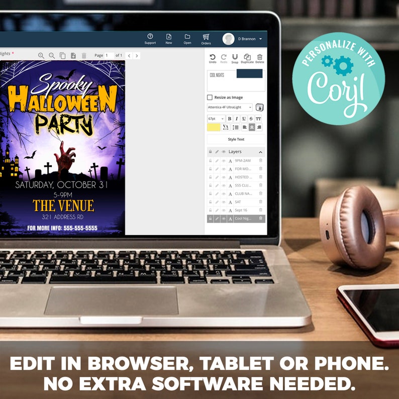 May include: A computer screen displaying a Halloween party invitation with a spooky design. The invitation includes the text "Spooky Halloween Party", "Saturday, October 31", "5-9PM", "The Venue", "321 Address Rd", and "For More Info: 555-555-5555". The screen is on a laptop computer with a keyboard and trackpad. The laptop is on a wooden table with a pair of headphones and a smartphone.