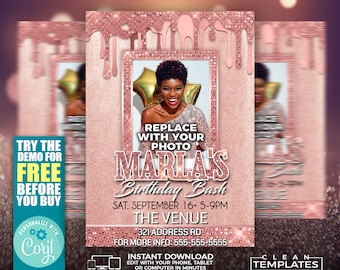 Rose Glitter Birthday Party Flyer: Editable Corjl Template (5x7 Digital & Printable)
