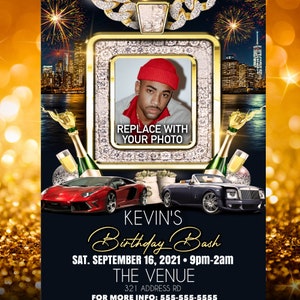 May include: A digital invitation for Kevin's Birthday Bash. The design features a photo placeholder, luxury cars, champagne, and fireworks. Text includes event details: date, time, and venue address. The background is a dark blue with gold accents.