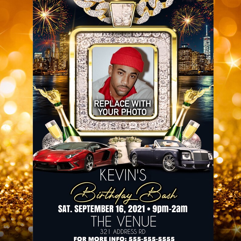 May include: A digital invitation for Kevin's Birthday Bash. The design features a photo placeholder, luxury cars, champagne, and fireworks. Text includes event details: date, time, and venue address. The background is a dark blue with gold accents.