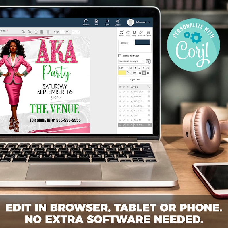 May include: A digital invitation for an AKA party on Saturday, September 16th from 5-9 PM. The invitation features a pink and green color scheme with a black and white illustration of a woman in a pink suit. The text "AKA Party" is in a glittery pink font. The invitation is customizable using the Corjl website.