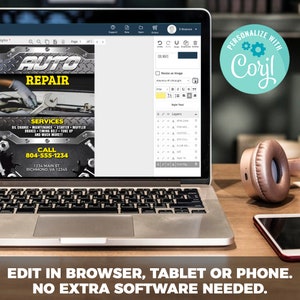Pode incluir: Um computador port&aacute;til que exibe um site para criar e editar cart&otilde;es de visita. O site tem uma maquete de um cart&atilde;o de visita para uma oficina de repara&ccedil;&atilde;o de autom&oacute;veis. O texto no cart&atilde;o de visita diz "AUTO REPAIR" e inclui um n&uacute;mero de telefone e um endere&ccedil;o. O site &eacute; intitulado "PERSONALIZE COM CORYL".