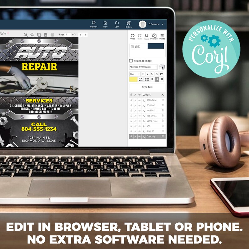 Pode incluir: Um computador port&aacute;til que exibe um site para criar e editar cart&otilde;es de visita. O site tem uma maquete de um cart&atilde;o de visita para uma oficina de repara&ccedil;&atilde;o de autom&oacute;veis. O texto no cart&atilde;o de visita diz "AUTO REPAIR" e inclui um n&uacute;mero de telefone e um endere&ccedil;o. O site &eacute; intitulado "PERSONALIZE COM CORYL".