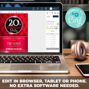 May include: A laptop computer screen displaying a 20th anniversary party invitation with a red background and a diamond-encrusted 20. The invitation includes the date, time, location, and contact information. The text "PERSONALIZE WITH Corjl" is displayed in a blue circle with gears on a white background.