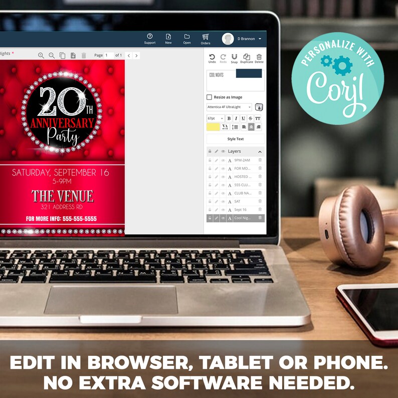 May include: A laptop computer screen displaying a 20th anniversary party invitation with a red background and a diamond-encrusted 20. The invitation includes the date, time, location, and contact information. The text "PERSONALIZE WITH Corjl" is displayed in a blue circle with gears on a white background.