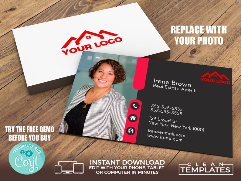 Puede incluir: Una tarjeta de visita negra y roja con una foto de una mujer sonriendo. La tarjeta tiene el texto "Irene Brown, Agente Inmobiliario" y la informaci&oacute;n de contacto. La tarjeta tambi&eacute;n tiene un logotipo de tres casas con el texto "Su logotipo".