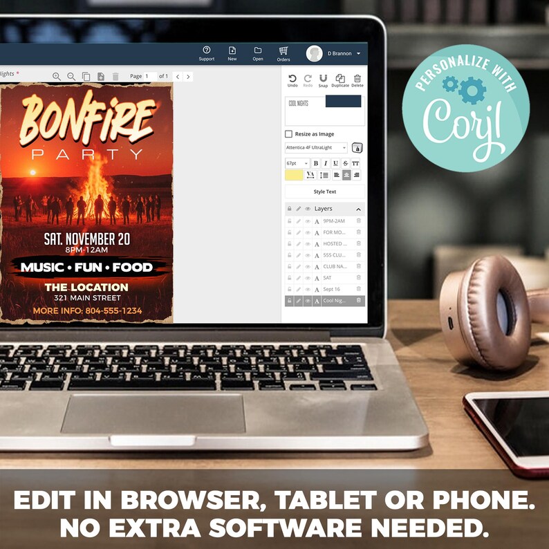 K&ouml;nnte beinhalten: Ein Laptop zeigt eine Einladung zu einer Lagerfeuerparty mit Sonnenuntergang im Hintergrund, einschlie&szlig;lich Datum, Uhrzeit und Ort. Kopfh&ouml;rer und ein Smartphone liegen auf der Holzoberfl&auml;che.