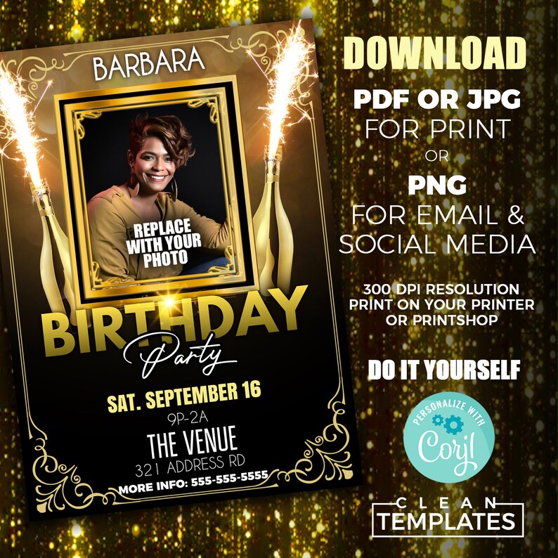 May include: Gold and black birthday party invitation template with a photo placeholder, text that says "Birthday Party", and the date "Sat. September 16".