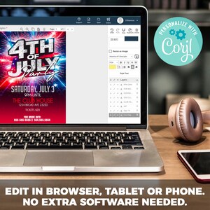 May include: A laptop computer screen displaying a 4th of July party invitation with red, white, and blue fireworks. The invitation includes the text "4th of July Party", "Saturday, July 3", "9PM-Until", "The Club House", "1234 Broad Ave 23220", "Tickets $20", and "For More Info: 555-555-5555 | 555.555.5555". The text "PERSONALIZE WITH Corjl" is displayed in a blue circle with a gear icon.