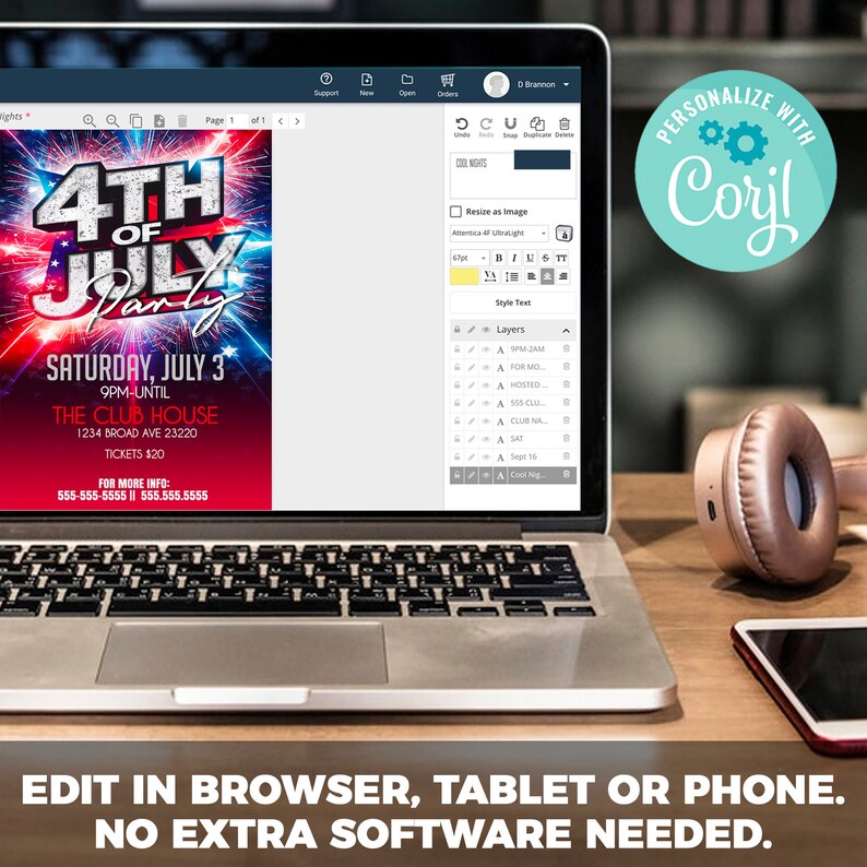 May include: A laptop computer screen displaying a 4th of July party invitation with red, white, and blue fireworks. The invitation includes the text "4th of July Party", "Saturday, July 3", "9PM-Until", "The Club House", "1234 Broad Ave 23220", "Tickets $20", and "For More Info: 555-555-5555 | 555.555.5555". The text "PERSONALIZE WITH Corjl" is displayed in a blue circle with a gear icon.