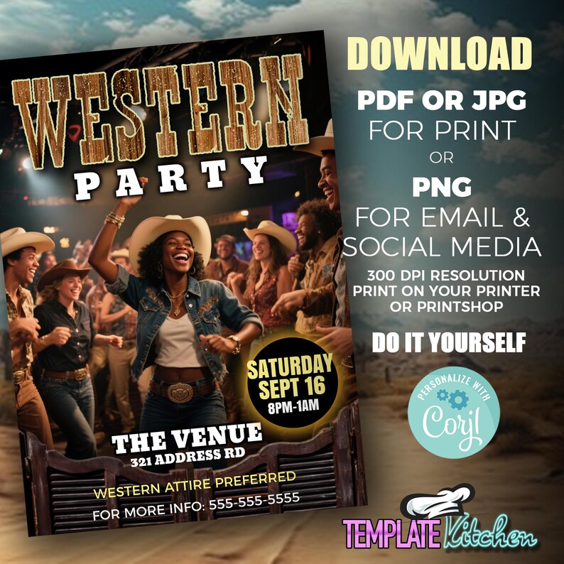 Rustic Western Party Flyer Template | Rodeo, Barn Dance (editable Corjl ...
