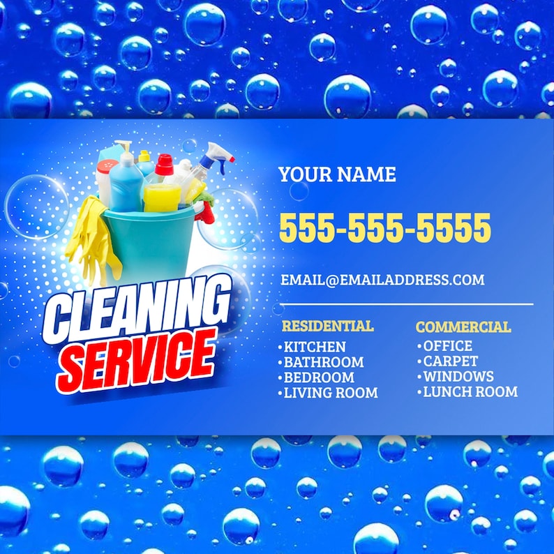 May include: A blue and white graphic advertising a cleaning service. A teal bucket contains cleaning products, including bottles and yellow gloves. The text "CLEANING SERVICE" is displayed. Contact details and service areas are also shown.
