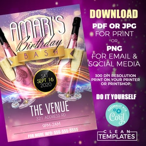 May include: A pink and gold birthday party invitation with a sparkling background. The invitation features a champagne bottle and the text "Amari's Birthday Bash" with the date "Sat Sept 16, 2020". The invitation also includes the venue, address, and time of the event.