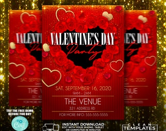 May include: A red and gold Valentine's Day party invitation with a heart-shaped wreath of red roses and gold glitter. The text reads "Valentine's Day Party" with the date and time of the event, "Sat. September 16, 2020, 9am-2am". The venue is listed as "The Venue, 321 Address Rd". The invitation also includes contact information and a note about a free demo before purchase.