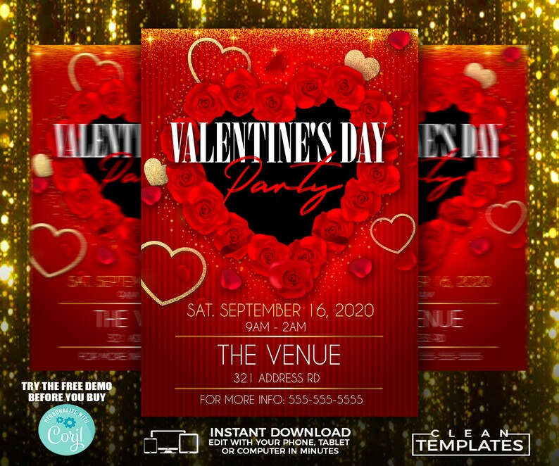 May include: A red and gold Valentine's Day party invitation with a heart-shaped wreath of red roses and gold glitter. The text reads "Valentine's Day Party" with the date and time of the event, "Sat. September 16, 2020, 9am-2am". The venue is listed as "The Venue, 321 Address Rd". The invitation also includes contact information and a note about a free demo before purchase.