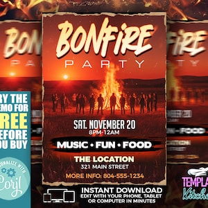 Bonfire Party Flyer Template | Editable Corjl Template | Autumn Bonfire Invitation | Rustic Fall Party Flyer | Instant Download