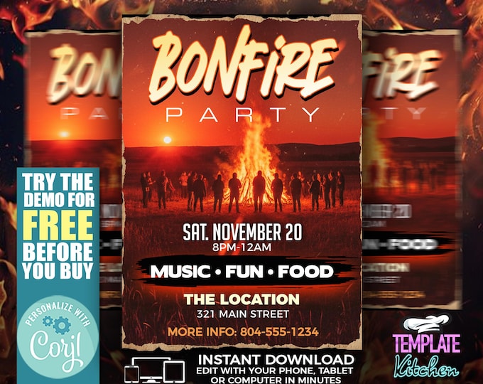 Bonfire Party Flyer Template | Editable Corjl Template | Autumn Bonfire Invitation | Rustic Fall Party Flyer | Instant Download
