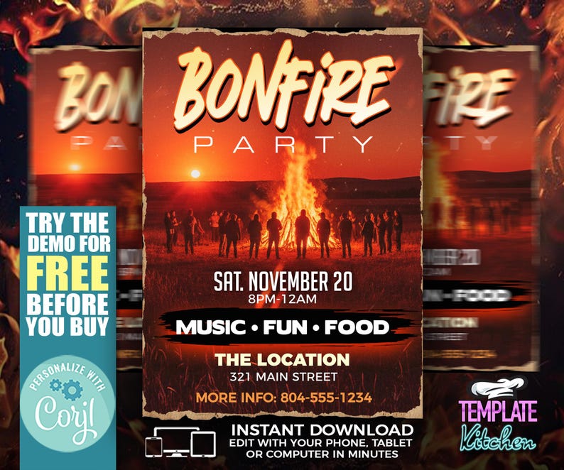 K&ouml;nnte beinhalten: Flyer f&uuml;r eine Bonfire Party mit einem feurigen Sonnenuntergang im Hintergrund. Der Flyer enth&auml;lt den Text "Bonfire Party", Datum, Uhrzeit und Ort. Zus&auml;tzlicher Text lautet "Musik, Spa&szlig;, Essen" und "Sofort-Download".