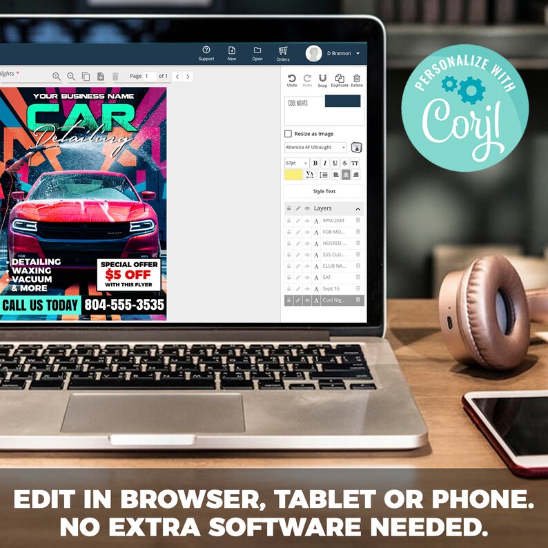 May include: A laptop computer screen displaying a colorful flyer for a car detailing business. The flyer features a red car, the text "CAR Detailing", and the phone number 804-555-3535. The text "PERSONALIZE WITH Corjl" is visible in the upper right corner of the screen.
