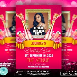 May include: Pink birthday party invitation with a photo frame, champagne bottles, and gold accents. The text reads "Journey's Birthday Bash, Sat. September 16, 2020, The Venue, 321 Address Rd, For More Info: 555-555-5555".