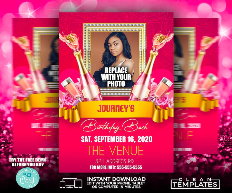 May include: Pink birthday party invitation with a photo frame, champagne bottles, and gold accents. The text reads "Journey's Birthday Bash, Sat. September 16, 2020, The Venue, 321 Address Rd, For More Info: 555-555-5555".