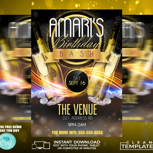 May include: A black and gold birthday party invitation with the text "Amari's Birthday Bash" in a gold circle. The date is September 16th and the time is 9pm to 2am. The venue is 321 Address Rd. The invitation features a champagne bottle and glasses with a diamond pattern.