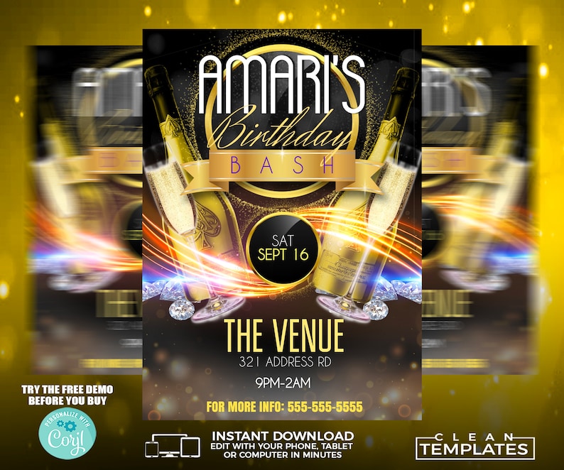 K&ouml;nnte beinhalten: Eine schwarze und goldene Geburtstagseinladung mit dem Text "Amari's Birthday Bash" in einem goldenen Kreis. Das Datum ist der 16. September und die Zeit ist 21:00 bis 2:00 Uhr. Der Veranstaltungsort ist 321 Address Rd. Die Einladung zeigt eine Champagnerflasche und Gl&auml;ser mit einem Diamantenmuster.
