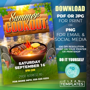 Puede incluir: Un folleto colorido para una barbacoa de verano. El folleto presenta una parrilla con hot dogs y hamburguesas, un altavoz y una lata de refresco. El texto en el folleto dice "Summer Cookout", "Saturday September 16", "9PM-2AM", "2900 Address Rd", "For More Info: 555-555-5555", "Descargar PDF o JPG para imprimir o PNG para correo electr&oacute;nico y redes sociales", "Resoluci&oacute;n 300 DPI Imprimir en su impresora o Printshop", "H&aacute;galo usted mismo", "Personalice con Coril", y "Plantillas limpias".