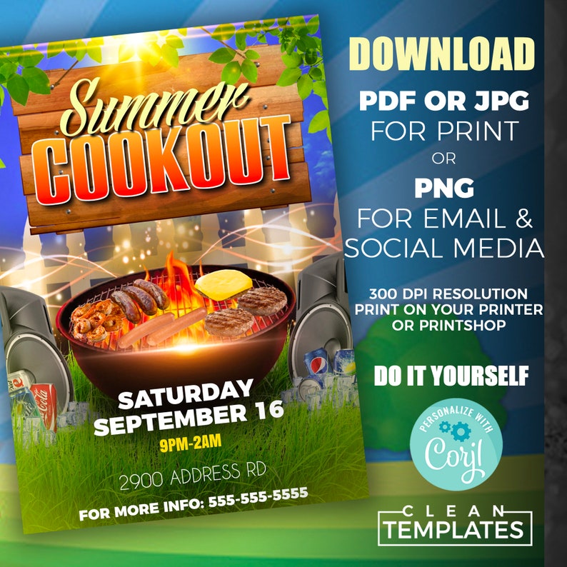 Puede incluir: Un folleto colorido para una barbacoa de verano. El folleto presenta una parrilla con hot dogs y hamburguesas, un altavoz y una lata de refresco. El texto en el folleto dice "Summer Cookout", "Saturday September 16", "9PM-2AM", "2900 Address Rd", "For More Info: 555-555-5555", "Descargar PDF o JPG para imprimir o PNG para correo electr&oacute;nico y redes sociales", "Resoluci&oacute;n 300 DPI Imprimir en su impresora o Printshop", "H&aacute;galo usted mismo", "Personalice con Coril", y "Plantillas limpias".