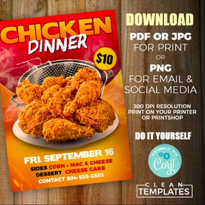 May include: A red and yellow flyer advertising a chicken dinner for $10. The flyer includes the date, Friday, September 16, and a list of sides, including corn, mac and cheese, and cheese cake. The flyer also includes a contact number, 804-555-5555. The flyer has a download button for PDF or JPG for print, or PNG for email and social media. The flyer also includes a 300 DPI resolution print option for your printer or printshop. The flyer has a "Do It Yourself" button and a "Personalize with Coril" button. The flyer has a "Clean Templates" button.