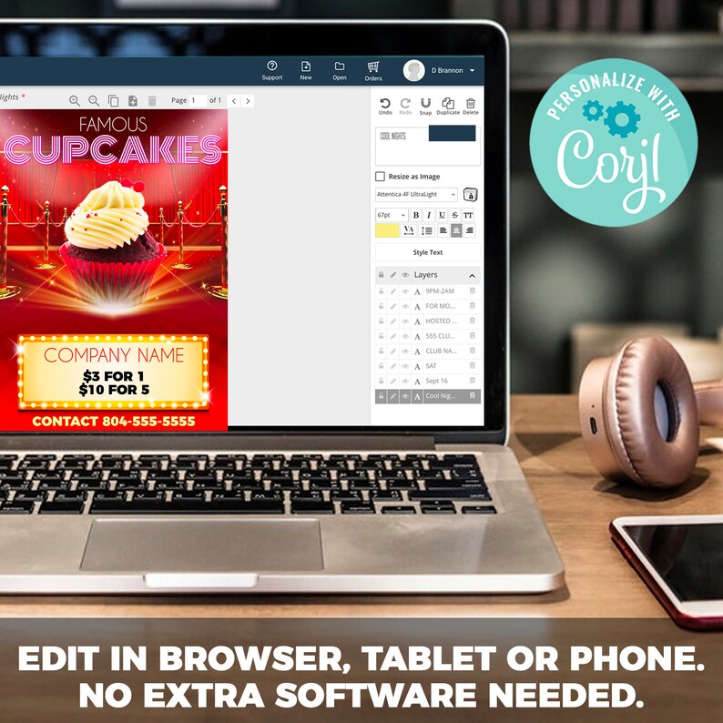 May include: A digital mockup of a flyer advertising cupcakes. The flyer features a red cupcake with white frosting and a red cherry on top. The text on the flyer reads "Famous Cupcakes", "Company Name", "$3 for 1", "$10 for 5", and "Contact 804-555-5555".