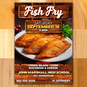 May include: A flyer advertising a fish fry at John Marshall High School on September 16th from 3-6 PM. The flyer features a plate of fried fish, green beans, corn, macaroni and cheese, and the school's address and social media handle.