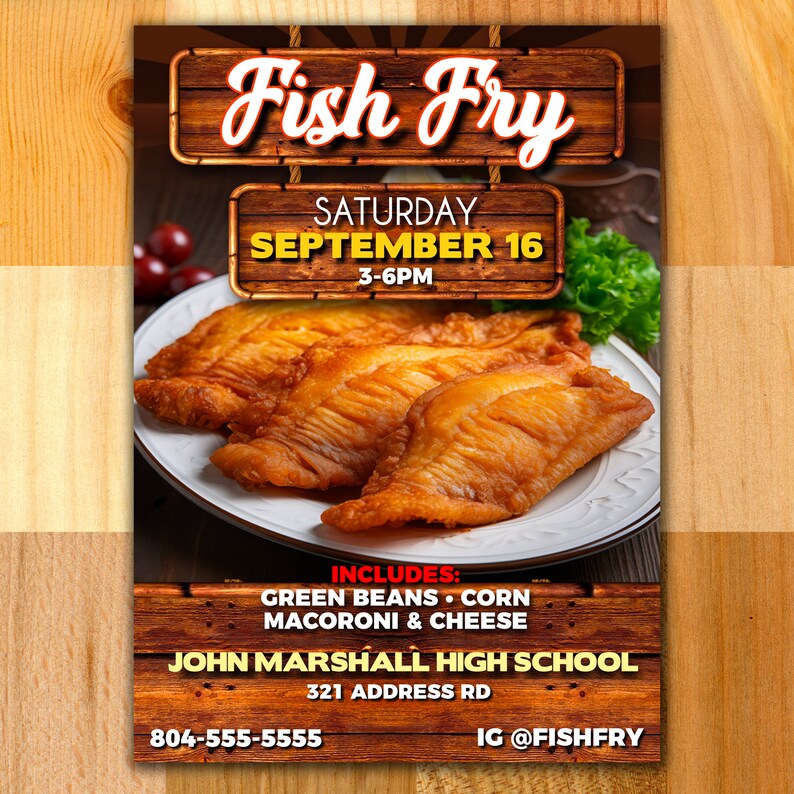 May include: A flyer advertising a fish fry at John Marshall High School on September 16th from 3-6 PM. The flyer features a plate of fried fish, green beans, corn, macaroni and cheese, and the school's address and social media handle.