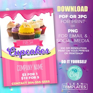 Puede incluir: Un folleto de cupcakes imprimible rosa y amarillo con el texto "FRESH Cupcakes" y "COMPANY NAME". El folleto tambi&eacute;n incluye informaci&oacute;n de precios: "$3 por 1" y "$10 por 5". El folleto tambi&eacute;n incluye un n&uacute;mero de tel&eacute;fono: "CONTACT 804-555-5555".